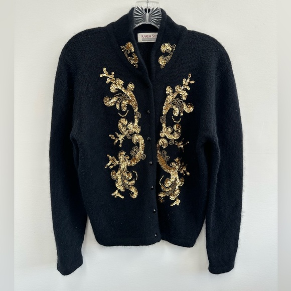 Vintage Karen Scott Black Silk Wool Sequin Beaded Knit Cardigan Sweater Size M - Picture 5 of 10